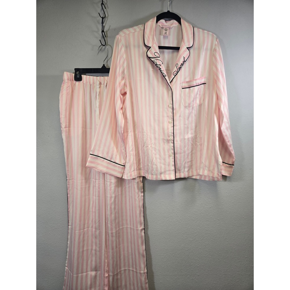 Victoria's Secret Pink White Stripe Satin Pajama Set Long Sleeve Pants Small - Picture 2 of 11